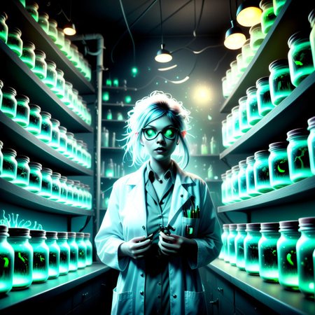 Shelves of a bioluminescent pixies, nymphs and fairies in a glass jars. eerie.Dark 
Fantasy style.female mad scientist, dirty lab coat, cluttered messy laboratory, cryptozoologist,,  Fantasy dreamlike art.
Female Mad scientist