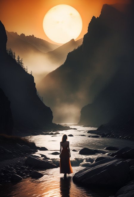 An atmospheric surreal landscape featuring a mysterious woman standing on rugged rocky terrain, facing a large glowing orange sun low on the horizon. In front of the woman is a water stream shrouded by mist. The sun appears to be drowning in this misty stream. The scene is set in a narrow valley with towering rocky mountains in the background, shrouded in mist. Soft, diffused lighting creates a dreamlike ambiance, with a moody overcast sky. The water below reflects the orange glow of the sun, adding subtle illumination to the rocky foreground. The woman's silhouette is prominent, with a dark, flowing dress, standing still as she gazes at the glowing sun. Wide depth of field, with soft shadows and a balanced exposure to enhance the contrast between the mist, sun, and mountains, photography in the style of Guy Aroch