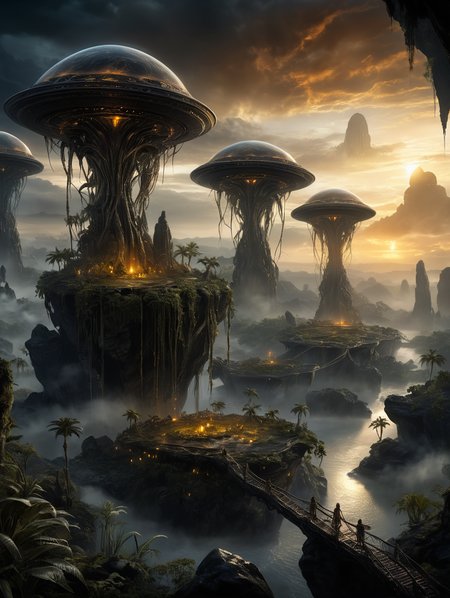 cinematic film still , alien landscape, floating islands, clouds, tendrils, dense dark jungle, glowing stones, colour palette white and black, sci-fi, golden hour, 32k uhd, HDR, fearsome appearance, masterpiece, high resolution, HD, 8k, best quality, intricate details, <lora:add-detail-xl:1.8> . shallow depth of field, vignette, highly detailed, high budget, bokeh, cinemascope, moody, epic, gorgeous, film grain, grainy
