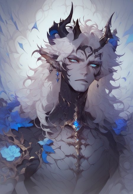 score_9, score_8_up, score_7_up, wearing a black locket, 1boy, horns, facial marking, Drestoria-Style_V2, Zyrnox-Exoterra Style