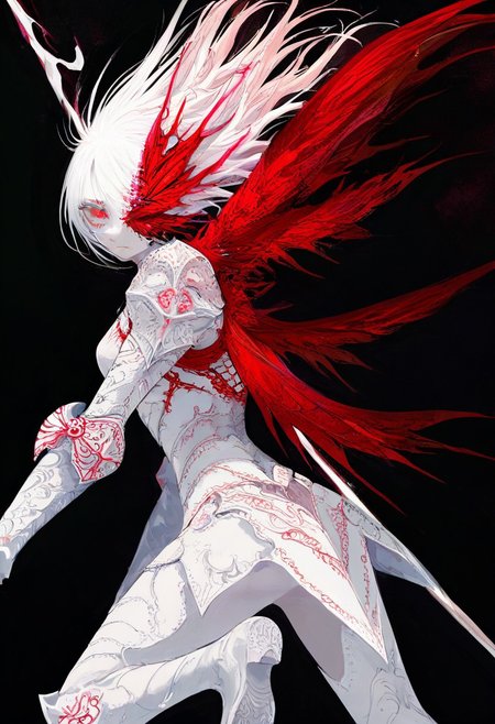 solo, looking at viewer, red-colored eyes, black background, 1woman, long white hair, extremely pale skin, serious, all white armor (pure white), vibrant red wings, masterpiece, best quality, very aesthetic, absurdres
 <lora:monfornoob:0.95>