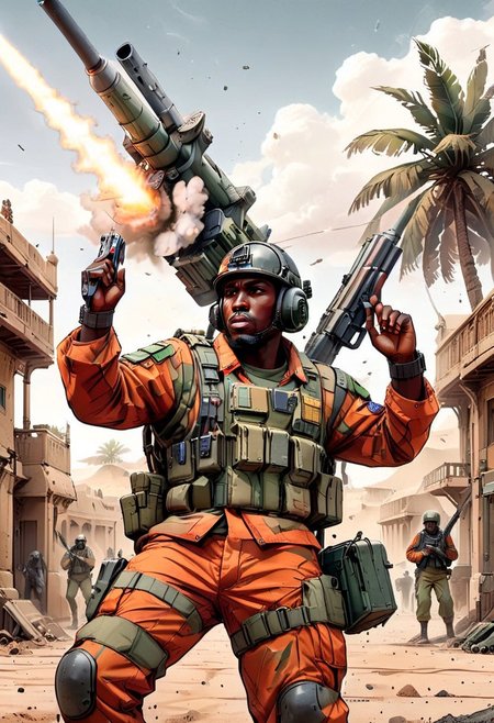 ((((outside))), day, (graphic novel style, dark novel style, 2d:1.5),(anime), (masterpiece:1.4), (colourful, soft cinematic light:1.1), incredibly lifelike, Extremely high-resolution details, 8k, best quality,extremely detailed, contrast, colorful,
clouds of smoke, dramatic angle, unique perspective,
bazooka, 
shooting,
shooting, ((aiming)), ((action pose)), bright orange muzzle flash effects,
both hands are holding portable anti-aircraft missile system,  African soldier in military uniform holds a portable anti-aircraft missile system
palm trees,
courtyard inside the palace, sand, desert,