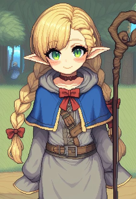 Pixel_Art,
1girl, solo, braid, bangs, smile, blush, collarbone, cowboy shot, blonde hair, long hair, green eyes, twin braids, asymmetrical bangs, hair ribbon, closed mouth, pointy ears, red choker, grey dress, blue capelet, red bow, red bowtie, brown belt, elf, choker, belt, staff, dress, long sleeves, hood, hood down, hair over shoulder, long dress, hooded capelet, capelet, bow, bowtie, belt buckle, outdoors, island, day