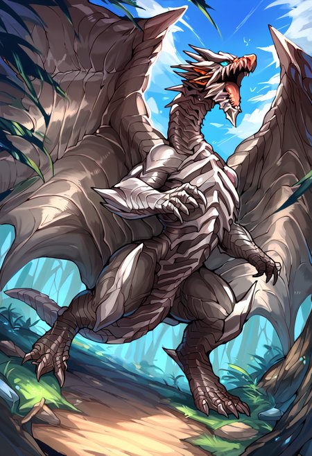 <lora:MH_Kushala Daora_a1_2_PonyXL_spnckpt1_th-1.4>,<lora:PDXL_artist_tags_v2_big>,score_9,score_8_up,score_7_up,kushala daora,feral,by zackary911,by syuro,by hanuvo,solo,hi res,detailed background,forest,
blue eyes,no sclera,pose,dutch angle,wings,open mouth,standing on hind legs,