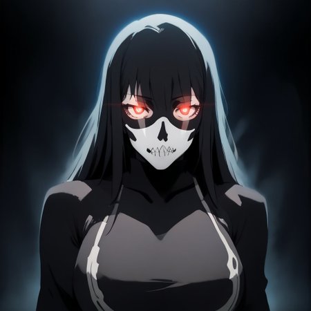score_9, score_8_up, score_7_up, source_anime, expressive, anime, C0NTR4CT0R, speedlines, dynamic, 1girl, face_hidden, shadows, contrast, (long Hair:1.3), revealing clothing, body silhouette, shadows, large breasts, red_pupils, glowing, glowing eyes, BL4CK3STBL4CK, black_theme, matte_color, flat_color, (skull_mask), skull_mask