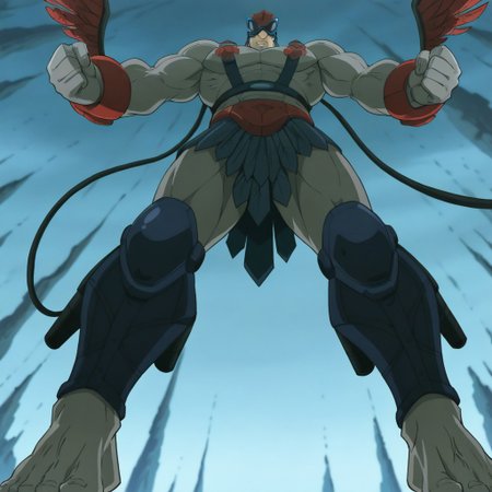 masterpiece, best quality, official style, anime screencap, anime coloring, BREAK Stratos, Red Wings, Helmet, Skirt, Feathers, Goggles, Barefoot, Male, Muscular, Armor, Leg Armor, view from below, standing, sideview