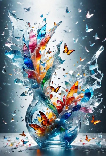 epic insane detailed long exposure photo shot, dramatic shot, Made_of_pieces_broken_glass transparent sculpture of a broken glass vase , focus on a vase, (bouquet of flowers in a vase:1.2), spilled water on the table, flying Butterflies in the air, glass,crack,broken glass, vibrant colors,   Made_of_pieces_broken_glass, <lora:Made_of_pieces_broken_glass_v2-000005:0.7>, Vibrant colors,  abstract forms, surreal, trippy, crystalz, Made_of_pieces_broken_glass, glass, shards, broken glass, transparent glass, pieces of glass, sparkles, glitter, made of water, m1c, cl1, bc7, gl5, t3n, ml3, gl0, bbl3, p7p, s7r, ph0, br1, 3mc, detailed, particles, water, crystal, translucent, transparent