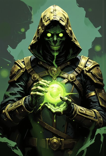 ArcaneFGTNRhigh A surreal and captivating artwork of a Ancient undead sorcerer with glowing green eyes and a skeletal face, wearing a tattered golden hood and ornate armor, radiating eerie green energy from its chest, dark and ominous atmosphere, ultra-detailed and cinematic lighting.