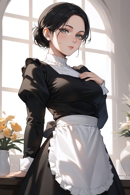 score_9, score_8_up, score_7_up, BREAK source_anime, <lora:Lara Tybur-PonyXL-lora-Faxtron:1> lara tybur, grey eyes, black hair, single hair bun, medium breasts, black dress, long sleeves, juliet sleeves, apron,