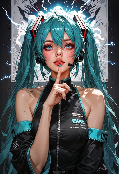 score_9, score_8_up, score_7_up, score_6_up, score_5_up, score_4_up,  full body, thighs, Movie Poster page, (promotional poster), Hatsune Miku, 1female, solo, humanoid android, teal hair, teal eyes, singer's uniform, headset, concert, Nippon Budokan, glowneon, glowing, sparks, lightning, shadow minimalism, (best quality), (masterpiece), detailed, beautiful detailed eyes, perfect anatomy, perfect body, perfect face, perfect hair, perfect legs, perfect hands, perfect arms, perfect fingers, detailed hair, detailed face, detailed eyes, detailed clothes, detailed skin, ultra-detailed, (full body), (upper body), (top quality), pop art, extremely detailed, extremely detailed CG, (high resolution), highly detailed, (high quality), (perfect quality), (glitchcore colors)   <lora:Expressive_H-000001:0.6>, expressiveH  <lora:g0th1cPXL:0.4> <lora:incase_style_v3-1_ponyxl_ilff:0.3>  <lora:sinfully_stylish_SDXL:0.4>