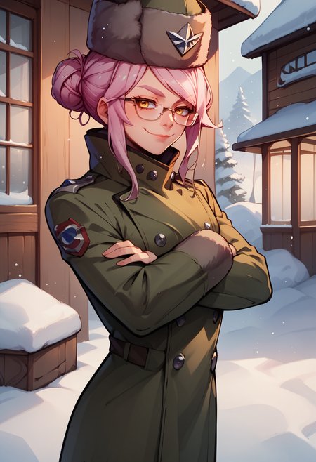 score_9, score_8_up, score_7_up, score_6_up BREAK crossed arms,cowboy shot,solo,outdoors,snow,smug,koyancomrade, buttons, fur trim hat, glasses, hair bun, long sleeves, military coat, pink hair, sidelocks, yellow eyes, human ears, <lora:koyan-16:1>
