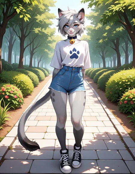 masterpiece, best quality, very aesthetic, absurdres,
outdoors, casual, 
full body, posing, 
seductive smile, parted lips, long eyelashes,
<lora:Nixuelle_v01_NAIXL:1>
Nixue11e,1girl,solo,furry,furry female, cat girl, cat ears, short hair, grey hair, blue eyes, round eyewear, snout, animal nose, collar, neck bell, body fur, two-tone fur, grey fur, white fur, cat tail,