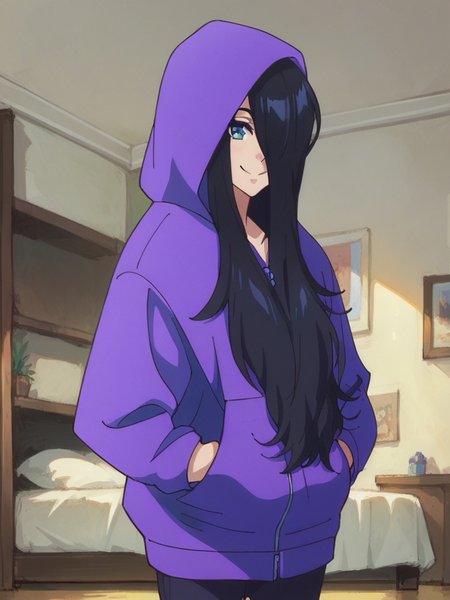 score_9, score_8_up, score_7_up,  
1girl, zenshu, black hair, long hair, hair over one eye, smile, purple hoodie, hands in pockets, indoors, bedroom, looking at viewer, hood up, hood,