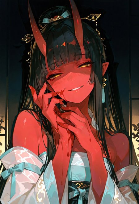 masterpiece, best quality, good quality, newest, highres, absurdres, volumetric lighting,gradient color,
BREAK 
raytracing, volumetric lighting, ambient occlusion, Background, girl, 
BREAK
Aka-Oni, oni, colored skin, (red skin:1.3), straight horns, solo, long hair, hanfu, elegant hanfu,
blunt bangs, blush, long hair,  eyelashes, half-closed eyes, bare shoulders, hand grab, hands up, head tilt, ribbon, smile, detached sleeves, very awa, masterpiece, highres, absurdres, yandere, gesugao, blood on face, smeared blood, blood on hands, blood on fingers,