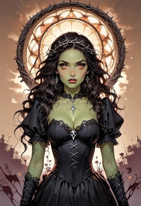 Stable_Yogis_PDXL_Positives, (score_9, score_8_up, score_7_up), ((face focus, eye focus, dynamic angle, motion)), ((VtmArt)), 1girl, solo, fantasy, (elphaba), (black hair, very long hair, wavy hair), (crown of thorns), black lips, (orange eyes), beautiful, goth girl, ((green skin, colored skin, all-green skin, green complexion)), ((huge breasts)), (ragged dress, black dress), (corset), (sexy witch costume), lace, cape, breathless intimacy, tanned skin, petite model bombshell, heart, young, delicate features, narrow pointy nose, tiny nose, lust, big eyes, seductive eyes, blue eyes, detailed skin, flared lashes, mascara, makeup, ((perky huge breasts)), athletic body, narrow waist, skinny hips, 
warm light, detailed, neon dark party
 BREAK
milky way, runes, arcane, astral, surreal, ethereal glow, masterpiece, best quality, intricate design. colorful, moonlit nightsky, stained glass aesthetic, moody whimsical color palette, murano glass, bold soldering lines, volumetric light shining through, crepuscular rays, intricate craftsmanship, detailed texture, luminous transparency, reflective light play, vivid hues, atmospheric depth, enchanting silhouette, art nouveau,