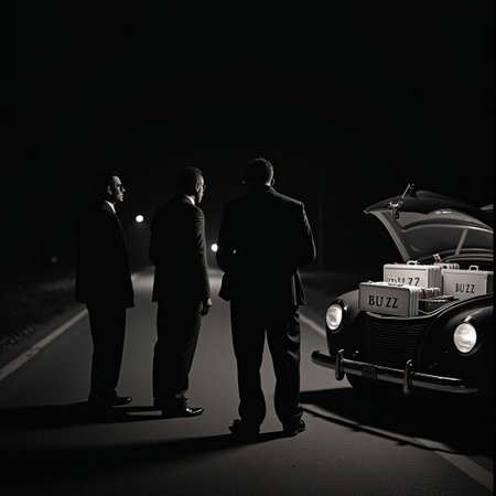 Three mafia members stand on the side of the road in the middle of the night. It is pitch black, and the only source of light comes from headlights of their 1940 ford mustang parked beside them. Multiple briefcases with the words BUZZ written on them can be seen inside the trunk of the car.