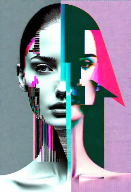 Split image.  Left side face of a woman, right side glitch of a face