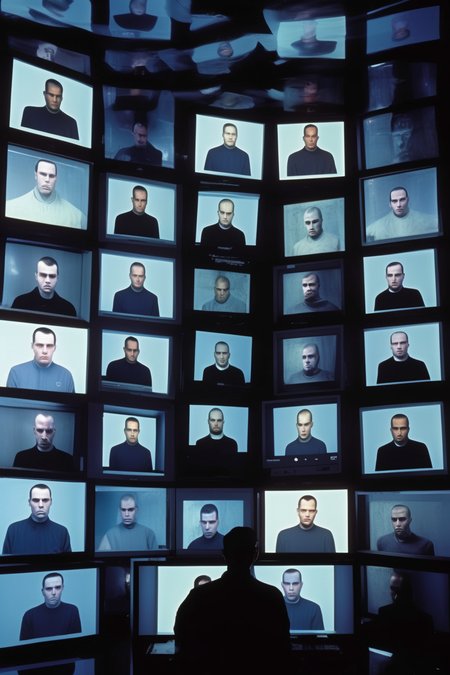 <lora:Video installation:1>Video installation - (Content) A striking image that places us in the 2000s, showcasing a wall filled with computer screens, each displaying the photograph of a different criminal, in a style that evokes the digital era and technology of that time. (Medium) High-resolution hyperrealistic photography. (Style) Inspired by the cyber and technological aesthetics of the 2000s, capturing the fusion between the digital world and crime in the information age. (Lighting) Intense and cool lighting, with a glow reminiscent of computer screens, creating a futuristic atmosphere and a sense of suspense. (Colors) A palette of contrasting and saturated colors, using dark and vibrant tones to reflect the duality between good and evil in the criminal context. (Composition) Meticulous and symmetrical composition, with computer screens aligned in an orderly grid, captured with a high-resolution digital camera like a Sony Alpha a7R IV, to ensure exceptional sharpness in each screen and photograph