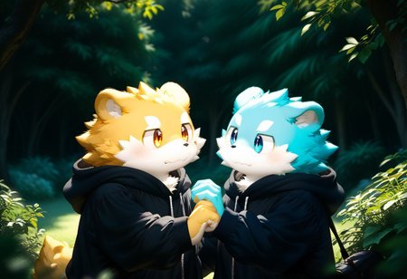 score_9, score_8_up, score_7_up, zPDXL3, ((((sdgs4by zuppu11)))), (zgq), 2boys, duo, furry, cute, kemono, detailed background, park background, handshake, rating_safe