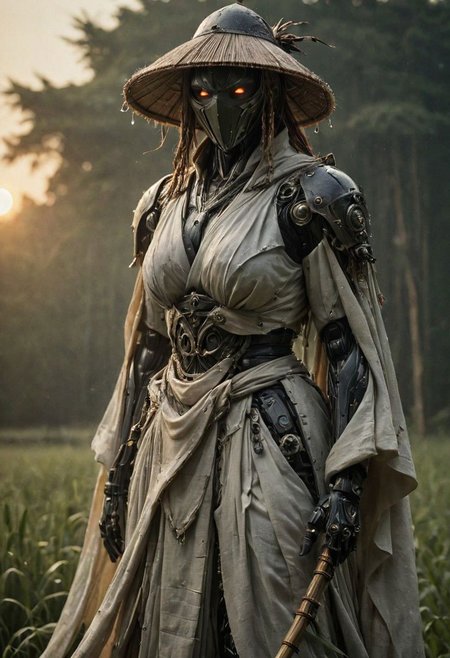 super closeup portrait by franco fontana, Create a vivid scene featuring a busty feudal cyborg shinobi, adorned in white linen hanfu with a large bamboo sedge hat, standing on a dew-covered morning meadow. arms up, bruce lees iconic fighting stance pose, while a subtle glowing aura of energy envelops the warrior.