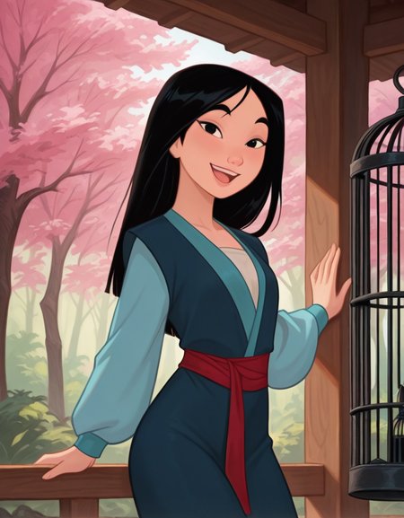 masterpiece, best quality, amazing quality, very aesthetic, absurdres,  newest, detailed background, cowboy shot, 4k, 8k, forest, cherry tree,
mulanxd, 1girl, solo, black hair, long hair, cage, black eyes, birdcage, smile, open mouth, sash, long sleeves, looking at viewer, 
 <lora:Mulan_-_Disney_Illustrious:1>