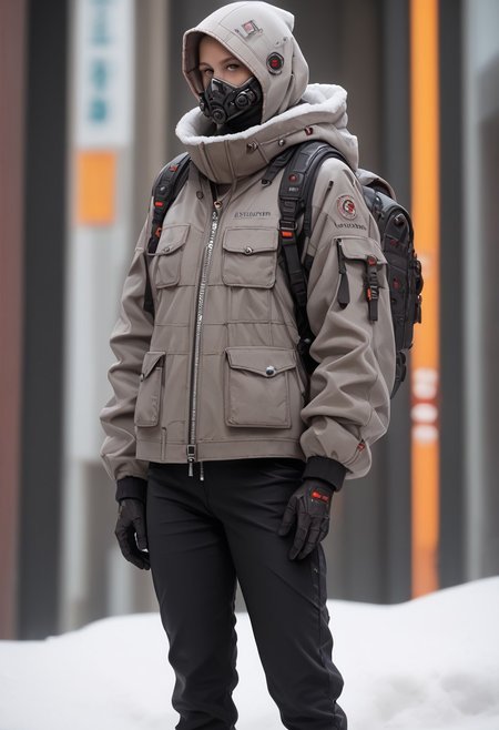 score_9, score_8_up, score_7_up, score_6_up, score_5_up, score_4_up, source_real, cowboy shot, full body, snow, techwear, solo, gloves, long_sleeves, standing, jacket, pants, hood, bag, no_humans, blurry_background, backpack, helmet, robot, mecha, 1other, zipper, science_fiction, realistic, humanoid_robot, Vivid Colors, high Contrast,