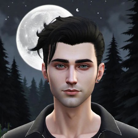 man in black, white hear, pretty face forest at background, rad moon on the dark sky for game Sims4