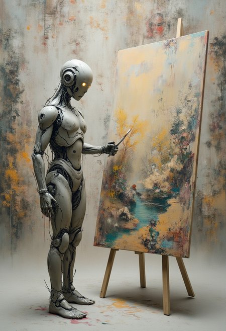 aidmaMJ6.1, aidmaimageupgrader, A futuristic robot stands in the center of a vast, nearly empty canvas. The robot is sleek yet slightly worn, with glowing eyes that convey sadness and confusion. In one hand, it holds a paintbrush, dripping with vibrant colors, and in the other, a palette filled with rich hues. The canvas in front of the robot is partially painted, depicting beautiful, lifelike images of humans and nature—trees, rivers, animals, and smiling faces. The scene is illuminated by soft, ethereal lighting, highlighting the contrast between the robot's cold, metallic form and the warm, organic imagery on the canvas. The robot's posture suggests introspection, as if questioning its ability to understand or recreate the emotions in its artwork. Surrounding the robot, the empty expanse emphasizes its solitude, making the scene both poignant and thought-provoking.