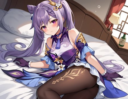 score_9, score_8_up, score_7_up, source_anime,
keqing, <lora:genshin-keqing-ponyxl-lora-nochekaiser:1>,
keqing, braid, cone hair bun, hair bun, hair ornament, long hair, purple eyes, purple hair,
bare shoulders, black pantyhose, detached sleeves, dress, gloves,
indoors, bed, bed room, on side, blush, drunk,
looking at viewer, cowboy shot, dutch angle,