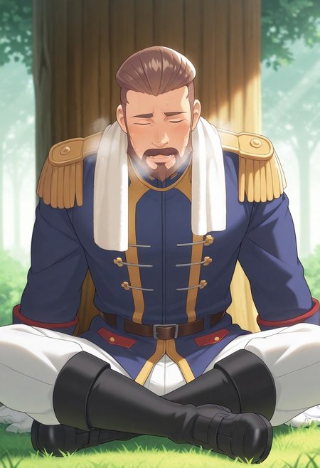 solo, masterpiece, detailed, uwa, huge filesize, ultra hd, best quality, male focus, (absurdres, highres), 1boy, official art, bright, LeopoldAuvergne, brown hair, short hair, hair slicked back, forehead, aqua eyes, thick eyebrows, beard, mustache,  adult, mature, military jacket, blue jacket, long sleeves, double-breasted, epaulettes, fringe trim, gold trim, white gloves, white pants, black boots,
 solo, dinamic angle, resting, sitting on the ground, Indian style, under the shade of a tree, towel around neck, exhausted, (panting, out of breath, gasping for air, sweating)