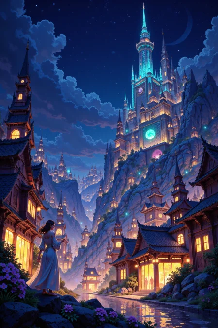 fantasy city beautiful anime landscape, bright luminous night, woman, very intricate, very detailed, sharp, bright, colorful, <lora:Hand v2:0.5> <lora:Anti-Blur:1><lora:Insane Detail Slider:0.25>  <lora:flux.1_lora_flyway_Epic-detail_v2:0.3> <lora:fluxenhancer:0.25> <lora:ROWER:0.6> <lora:flux-charmer-v1-1:0.4> <lora:Colorful_Fantasy_Art_for_FLUX:1> fantasy art