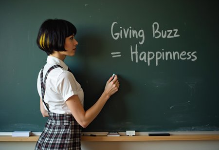 solo, ((stylish short black hair with yellow highlights and bangs)), ( Very pale ),  beautiful female teacher writing on a black board, Dark makeup, ((tight plaid very short skirt and a short tie), pin stripes freckles, classroom, blackboard background,  break; "Giving Buzz = Happyness" wrote on a black board, ,