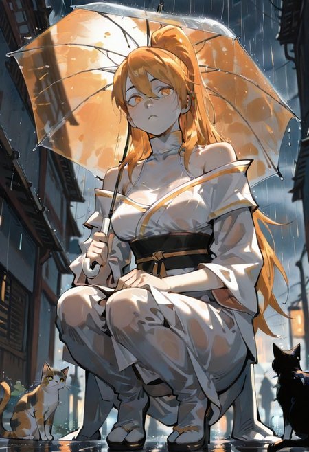 masterpiece, best quality, amazing quality, very aesthetic, absurdres, newest, (From Below:1.2), Wide Shot, Vanishing Point, (Dutch Angle:1.1), From Side, Innocence, purity,Naughty,
xiaoninger, 1girl, ponytail, long hair, orange hair, bangs, orange eyes, bare shoulder, breasts, collarbone, hair between eyes, white dress, kimono, sash, two tones dress, turtleneck, rain, holding transparent umbrella, squatting, looking at viewer, cat,  blul night sky, colorful, shadowy lighting, cinematic atmosphere, high contrast, blurry background, raindrops disappearing into the sky perspective,