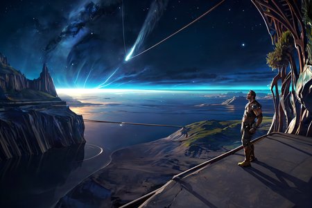 <lora:SyFyEye1_v2.0:.75>, ((SyFyEye1, standing, male focus, reflection, night sky, day, crescent moon, day, ocean, night, sunlight, sunlight, moonlight, milky way, science fiction, planet, river, flying,)), bara, mature, facial hair,  male, (homoerotic), masterpiece, highly detailed face and skin, hyperrealistic, male only, bara, mature, stubble, muscular male, handsome, male focus, light particles,(Balance and coordination between all things),real light and shadow, perspective, composition, adventurous, energy, exploration, contrast, experimental, unique <lora:style_adddetail:.7>
(((from above, restrained))), (detailed background, cinematic, detailed, atmospheric, epic, concept art, masterpiece, best quality, 8k, ultrarealsitc), realistic