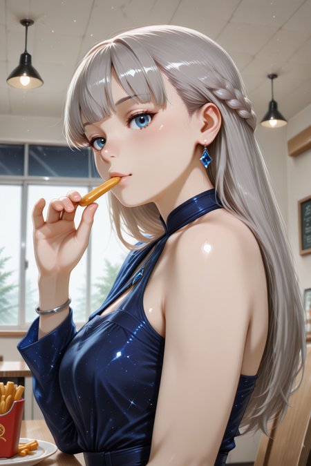 masterpiece, best quality, amazing quality, 1girl, solo, makeup, general, looking at viewer, upper body, from side, blush, lovely, very happy, eating, bright, french fries, eating french fries, sit on chair, table, (modern fast food shop, red and white interior), indoors, (day), <lora:sousou_no_frieren_lawine:0.9>, sousou_no_frieren_lawine, long hair, straight hair, grey hair, blunt bangs, blue eyes, breasts, french braid, <lora:Nebulas_Embrace_Dress:1.1>, Nebulas_Embrace_Dress, dress, blue dress, long dress, starry sky print, evening gown, halterneck, jewelry, gem, blue gemstone, bare shoulders, single bare shoulder, (asymmetrical sleeves), side slit, bracelet, earrings, anklet, bare legs, <lora:wai-2Rectified-V140:1>, <lora:Illustrious_-_Refiner:1>
