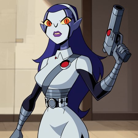 score_9, score_8_up, score_7_up, score_6_up, score_5_up, score_4_up, 1girl, purple hair, long hair, colored sclera, yellow sclera, hairband, red eyes, purple lips, blue skin, makeup, pointy ears, large breasts, narrow waist, wide hips, holding weapon, gun, looking at viewer, high quality, masterpiece, highres,  <lora:Rook_Shar:1>