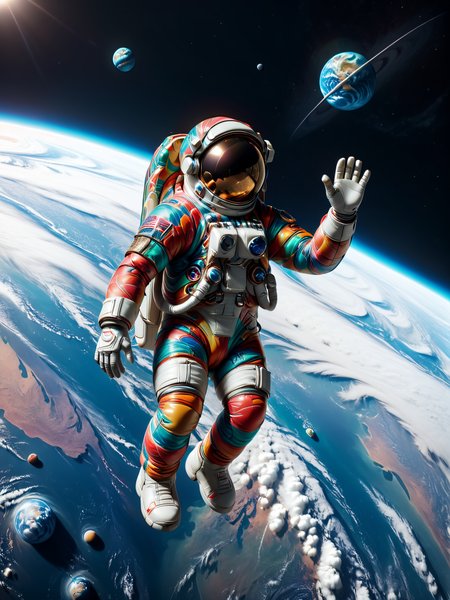 colorful mad-marbled-paper astronaut floating in orbit of earth, cinematic shot, detailed illustration, cinematic shot  <lora:Colorful_Marbled_Paper_SDXL_v2:1.2>, masterpiece, best quality, ultra high res, (photorealistic, realistic:1.2), deep shadow, raw photo, film grain, Fujifilm XT3, 8k uhd, dslr