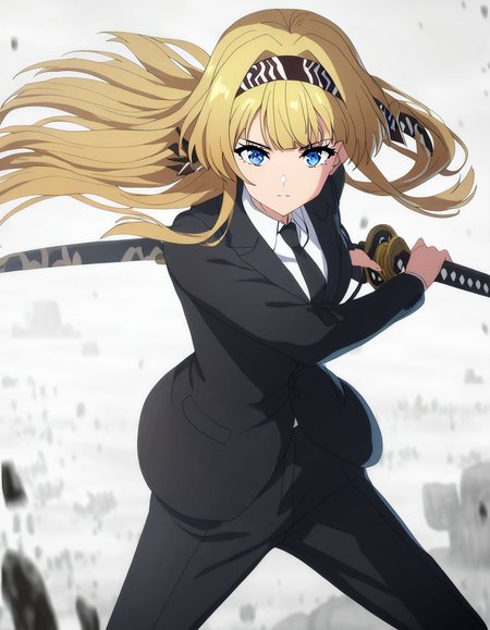 masterpiece, best quality, newest, absurdres, highres, safe,, <lora:lihanna-owenzaus-s1-ponyxl-lora-nochekaiser:1>, lihanna owenzaus, long hair, bangs, blue eyes, blonde hair, hairband, black ribbon, hair intakes, black hairband, medium breasts, anime screencap, <lora:battoujutsu-stance-illustriousxl-lora-nochekaiser:1>, battoujutsu stance, looking at viewer, holding, weapon, sword, holding weapon, holding sword, standing, katana, sheath, sheathed, fighting stance, ready to draw, shirt, long sleeves, jacket, white shirt, necktie, collared shirt, pants, black jacket, floating hair, black pants, formal, suit, black necktie, black suit, pant suit,, ,