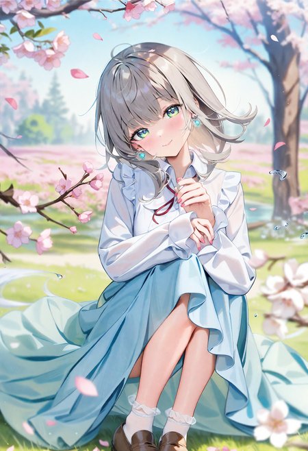 <lora:Animagine_Style7256193366v5-000210:1>, 1girl, solo, outdoors, looking at viewer, white shirt, long sleeves, sitting, blue skirt, blurry, smile, blush, blue eyes, white socks, ankle socks, closed mouth, grass, blurry background, brown footwear, grey hair, cherry blossoms, head_tilt, knees up, long skirt, depth of field, day, petals, medium hair, blurry foreground, earrings, jewelry, tree, long hair, floating hair, hand up, green eyes, loafers, frilled sleeves, branch, looking to the side, water, falling petals, sleeves past wrists, collared shirt, sunlight, wind, spring (season), flower, on ground, aqua eyes, multicolored eyes, pink nails, light particles, masterpiece, best quality, very aesthetic, absurdres