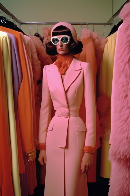 <lora:Director Nicolas Winding Refn style:1>Director Nicolas Winding Refn style - a Cinematic still form  (1981) featuring:  (Director) insists on finding the most extraordinary polyester garments, emphasizing their importance for his upcoming cinematic endeavor. He demands garments that are audacious, bold, and utterly outrageous, embodying the essence of kitsch and eccentricity. Francine, intriguedthe exchange, approaches the scene, captivated ' distinctive style and demeanor. She engages in conversation, recognizing him as the director whose films have inspired her. delighted to be recognized, reveals his passion for polyester and its symbolic value as a rebellious fabric that defies fashion norms. He explains how it has become his chosen medium for artistic expression, celebrating individuality and the unconventional. Francine shares her admiration for ' films and expresses her own affinity for polyester, recognizing its ability to empower individuals to embrace their authentic selves without fear of judgment. They bond over their shared love for all things eccentric and unconventional. With newfound camaraderie,  and  embark on a playful quest to find Francine the most divine polyester creation in the boutique. Their lively banter and shared enthusiasm fill the boutique with an infectious energy, uniting the worlds of fashion and cinema. The scene encapsulates ' unique vision and pays homage to his contribution to the celebration of individuality and the embrace of kitsch. It showcases the convergence of fashion and film, with  and  serving as vibrant beacons of creative expression.