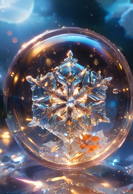 (high quality), (masterpiece), (detailed), 8K, An award-winning glowing snowflake, encased in a perfectly transparent glass bubble, floats delicately within a surreal winter setting. Its intricate, symmetrical crystalline patterns radiate a mesmerizing, golden luminosity, blending warm hues of amber, peach, and soft rose that glow softly through the glass. The bubble is adorned with delicate frost patterns along its edges, reflecting and refracting the snowflake’s warm light, casting a magical aura on its surroundings. Encased within, the snowflake sparkles with fine detail, as if suspended in time, evoking feelings of joy, serenity, and wonder, captivating all who witness this breathtaking masterpiece, glowneon, geometric, sparks, GlowingInk