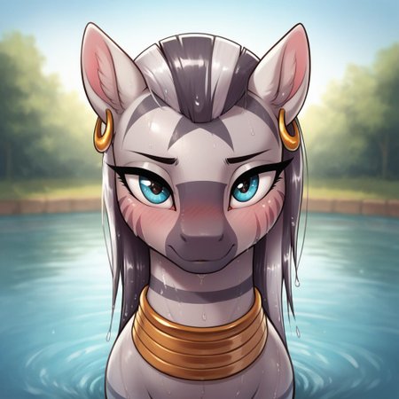 score_9, score_8_up, score_7_up, score_6_up, realistic illustration, dramatic angle, pond, outdoors, close view, 1girl, solo, zecora, feral, pony, tail, shiny skin, standing, seducing, blush, blushing, front view, inviting look, looking at you, medium teats, wet body, wet hair