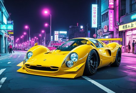 cyberpunk digital painting of a low, wide stance,  yellow ferrari 412P with large rear wing and oversize front spoiler bar at night in neon tokyo refueling station backlit.