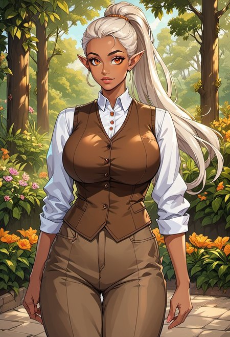 score_9, score_8_up, score_7_up, score_6_up, score_5_up, score_4_up, ANIMEShader, beautiful elven woman, (dark skin:1.3), long white hair in a ponytail, small cute button nose, soft round chin, detailed orange eyes, bright orange eyes, high definition eyes, detailed eyes, elf ears, huge breasts, old mansion, beginning of 20th century clothes, suede pants, suede vest, cowboy shot, renaissance garden,