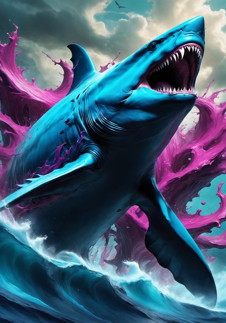 ((masterpiece)), (best quality), official art, ultra detailed,megalodon swiming in the ocean,full body,wallpaper,awardwinning, paintmgc style,blue and magenta paint <lora:paintmgc:1>,cinematic,epic