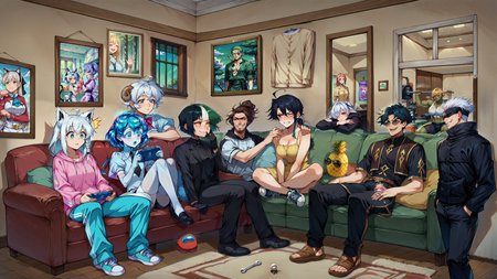 multiple girls, multiple boys, couch, hands on another's shoulders, indoors, nintendo switch, 
<lora:JetstreamSam_illusXL_Incrs_v1:1>, JetstreamSam,
shirakami fubuki, 
diamond \(houseki no kuni\), 
elie macdowell, 
felicia \(fire emblem\), 
rabbit hole \(vocaloid\),
blue eyes, white hair, short hair, ahoge, messy hair, sheep horns, sheep girl, bowtie,
<lora:doro_xypher_ixl_v1:1>, doro, :3, chibi, no pupils, solid circle eyes, full body, white skin, all fours
<lora:NSMelionPalHairIllu:1>, short hair, bob cut, yellow eyes, NSMelionPalHair, green hair, black hair, white hair, multicolored hair, medium breasts,
black hair, messy hair, blue eyes, sunglasses, circle-frame eyewear, black tunic, thick hair, rimless eyewear, black clothes, brown trim, gold trim, bangs, vest over clothes, black pants,
tusks,green skin,muscular female,blonde hair,short hair,orange eyes,diagonal bangs, fantasy, solo, orc woman
long hair, black hair, ahoge, hair between eyes, single sidelock, low ponytail, heterochromia, black eyes, white eyes,