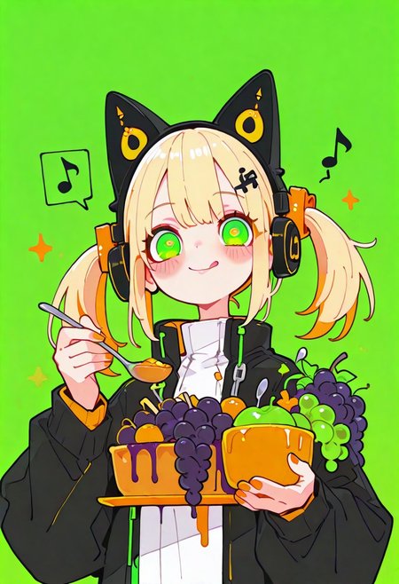 masterpiece, best quality, good quality, newest, highres, absurdres, 1girl, blush, smile, blonde hair, long sleeves, hair ornament, holding, animal ears, closed mouth, twintails, green eyes, jacket, food, tongue, tongue out, nail polish, open jacket, fake animal ears, fruit, headphones, musical note, green background, spoon, eighth note, holding spoon, green theme, spoken musical note, grapes, animal ear headphones, cat ear headphones, orange nails,big eyes, xxx667_illu, glowing, tfaix, haiz_ai, no lineart,no outline, H4ru_illu