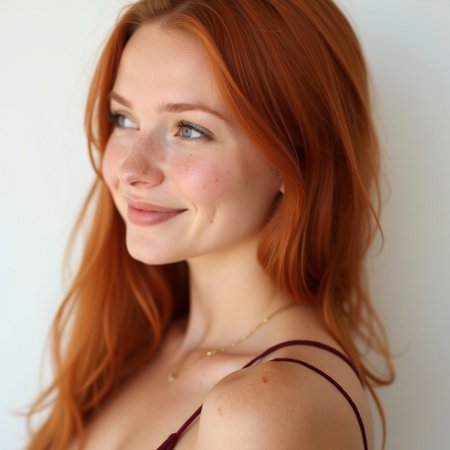 A close-up bust photograph of a 19-year-old, redhead model named cassie. Cassie is looking away from the camera and the photograph features the side profile of her face and shoulders. Cassie has a cute smile with soft blue eyes and straight red-orange hair. She has light freckles and we'll shaped lips. Cassie has a thick and curvy build. She has light freckles on her face. The photo is well lit and the subject is in front of a white background.