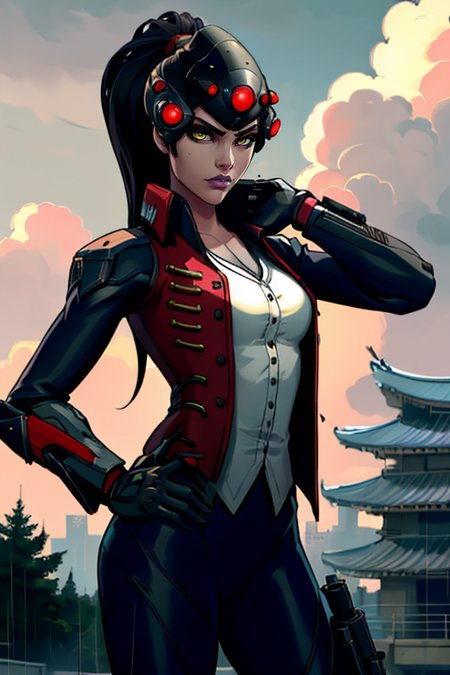 masterpiece,best quality,extreme detail,8k,image sharpness,<lora:widowmaker-10:0.8> widow2, 1girl, solo, long hair, breasts, looking at viewer, black hair, holding, medium breasts, jacket, yellow eyes, ponytail, weapon, purple hair, cowboy shot, outdoors, sky, cloud, armor, official alternate costume, lips, coat, hand on hip, gun, bodysuit, makeup, colored skin, cloudy sky, lipstick, building, holding gun, rifle, rain, aircraft, architecture, east asian architecture, sniper rifle, head-mounted display, helicopter