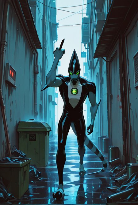 <lora:xlr8-08:1> xlr8, solo, green eyes, blue skin, black lips, stripped tail, 1boy, black mouth strip,, detailed background, black claws,    <lora:NeoNoir:1> n30n01r, glowing, cctv footage, back alley, looking at camera, middle finger, brat, cctv quality, flash photography, raining, trash, grabgae cans, dumpster, masterpiece, best quality, amazing quality, very aesthetic, absurdres, newest,